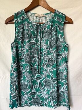 LOFT NWT Teal Green and White Floral Tie-Neck Sleeveless Top XXSP
